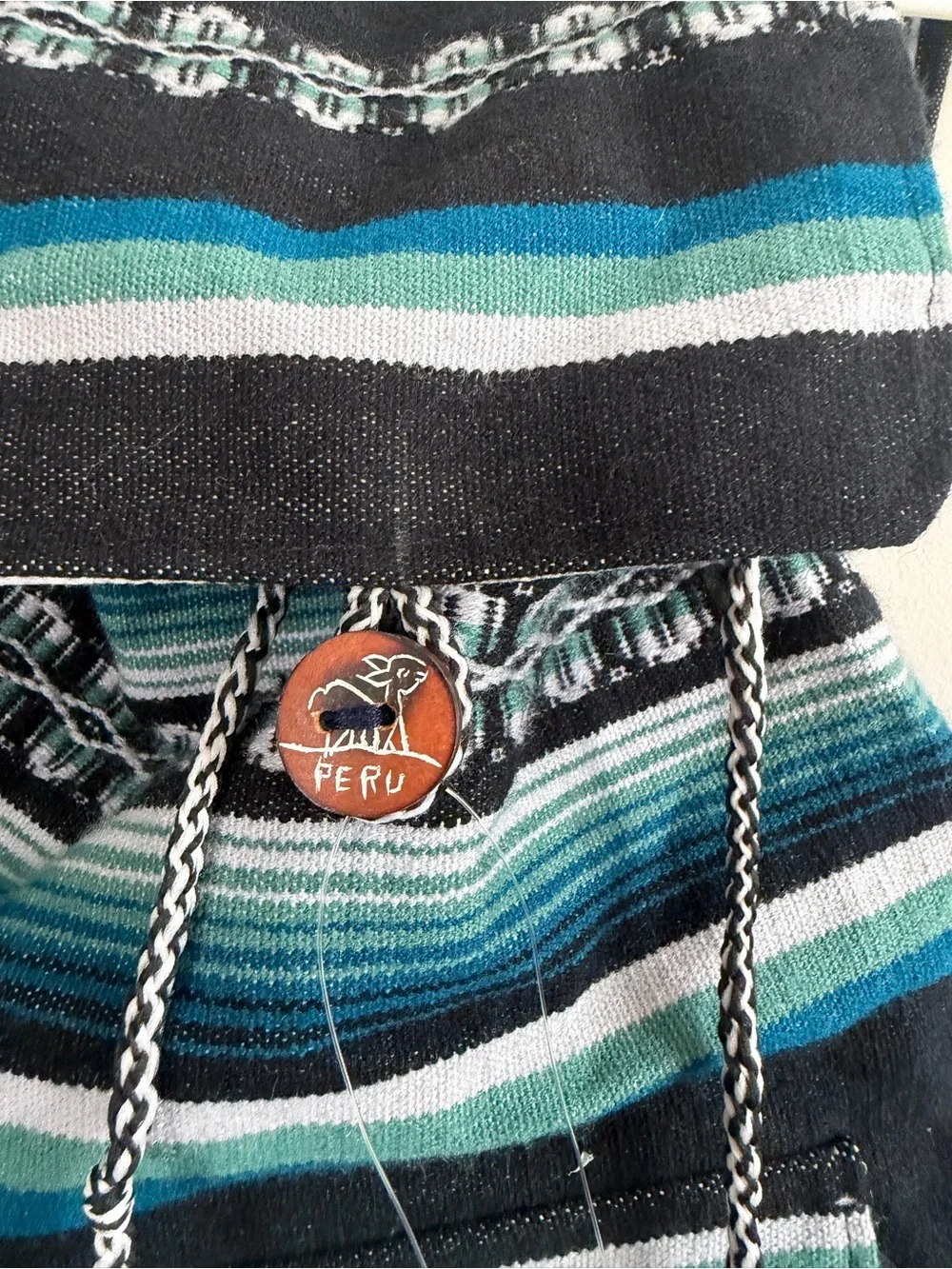 100% wool from Peru Handwoven Teal and Black Striped Women's Drawstring Backpack